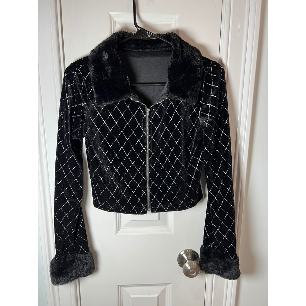 SHEIN Black Velvet Rhinestone Diamond Crop Jacket Faux Fur Trim Y2K Size M US 6